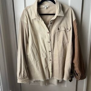 Umgee Two-Tone Corduroy Button-Up Jacket in Cream and Brown